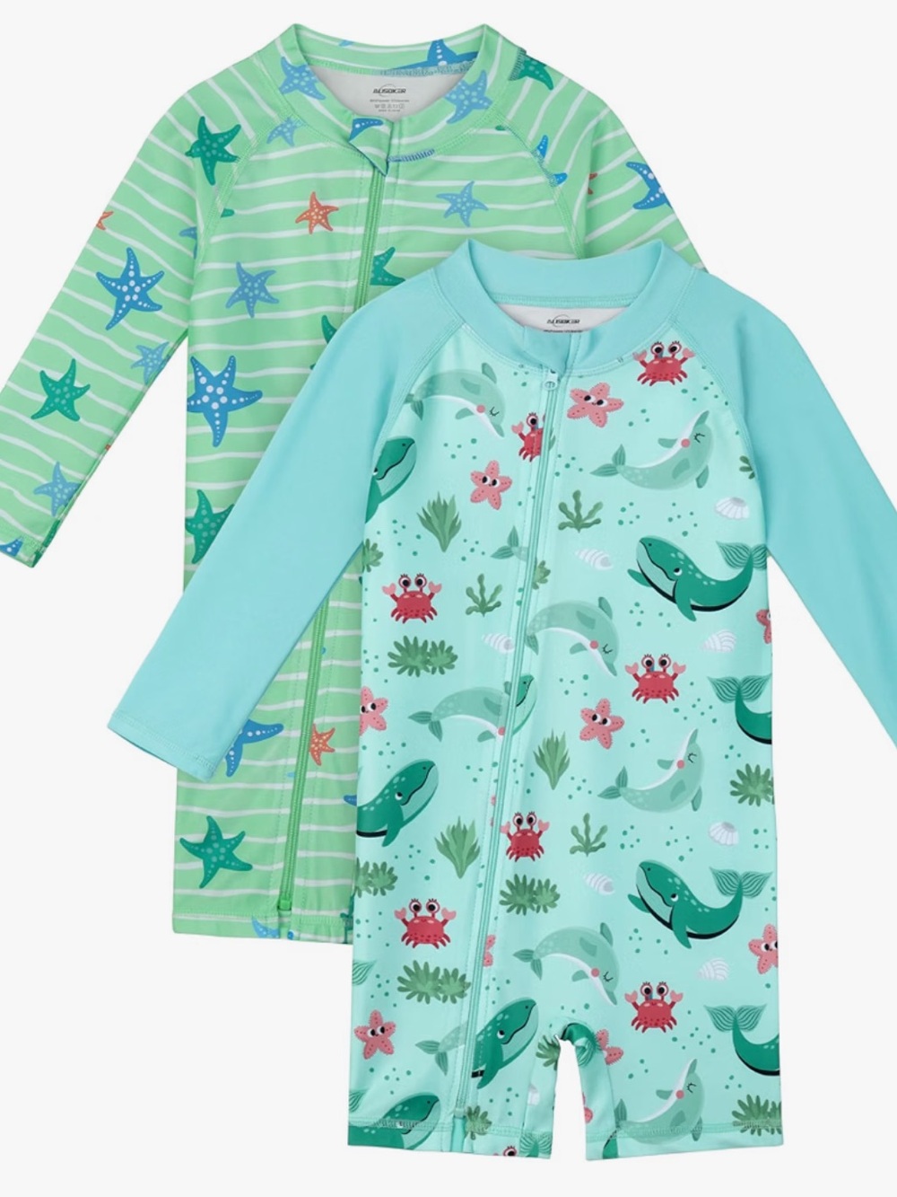 Bundle: Long Sleeve Full Zipper Rash Guard Swimsuit, Ocean Animals, 12-18 Months